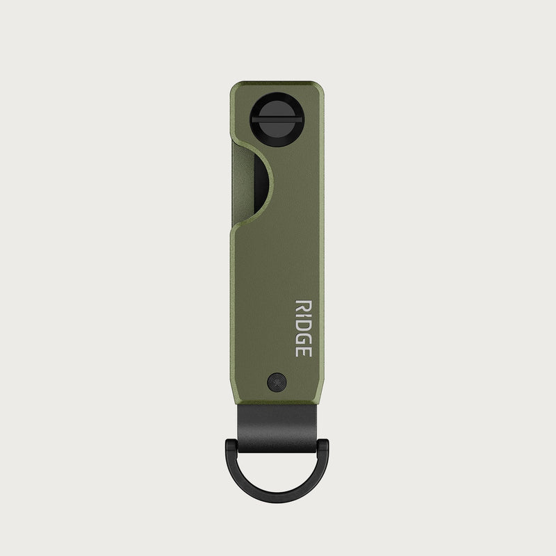Ridge KeyCase in matte olive, front view showing the Ridge logo, screw closure, and black loop clip.